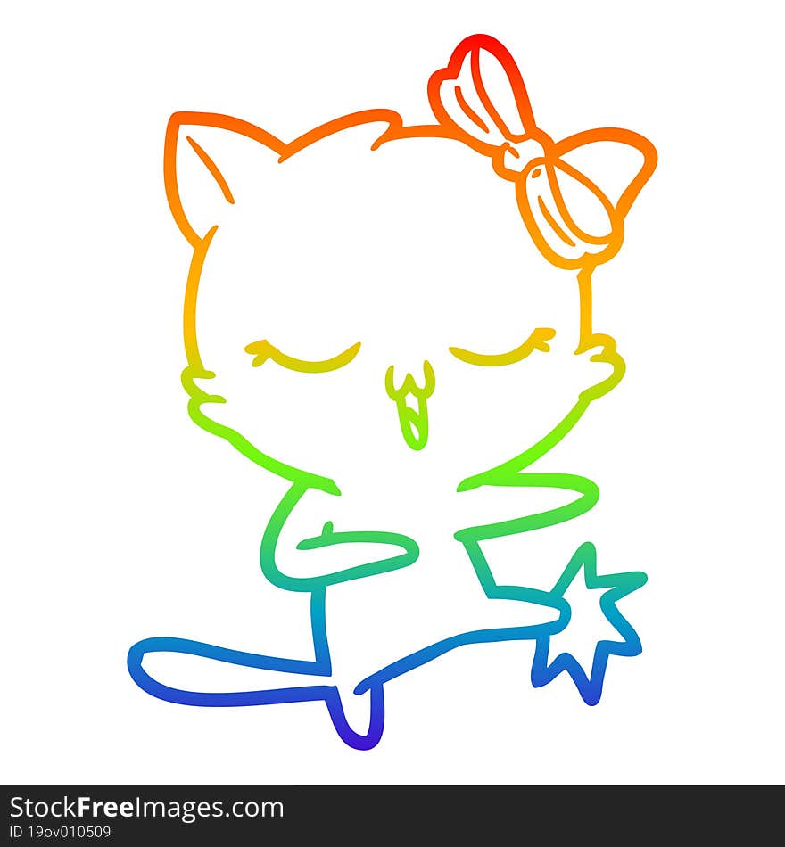 rainbow gradient line drawing cartoon cat with bow on head