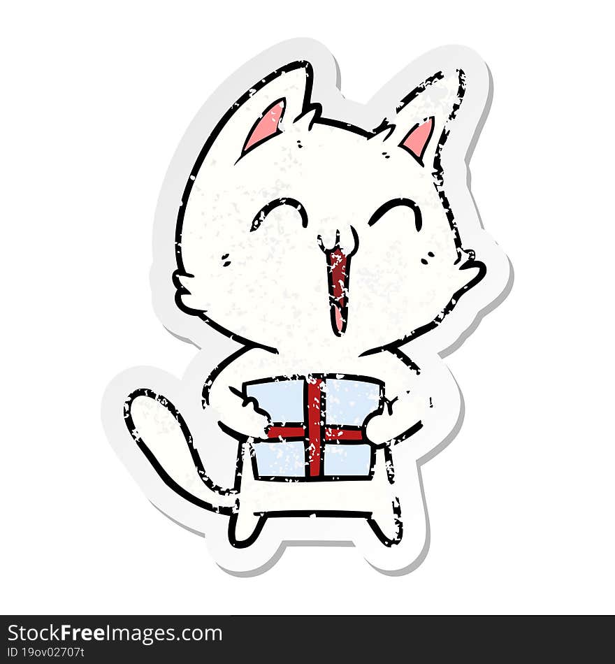 distressed sticker of a happy cartoon cat