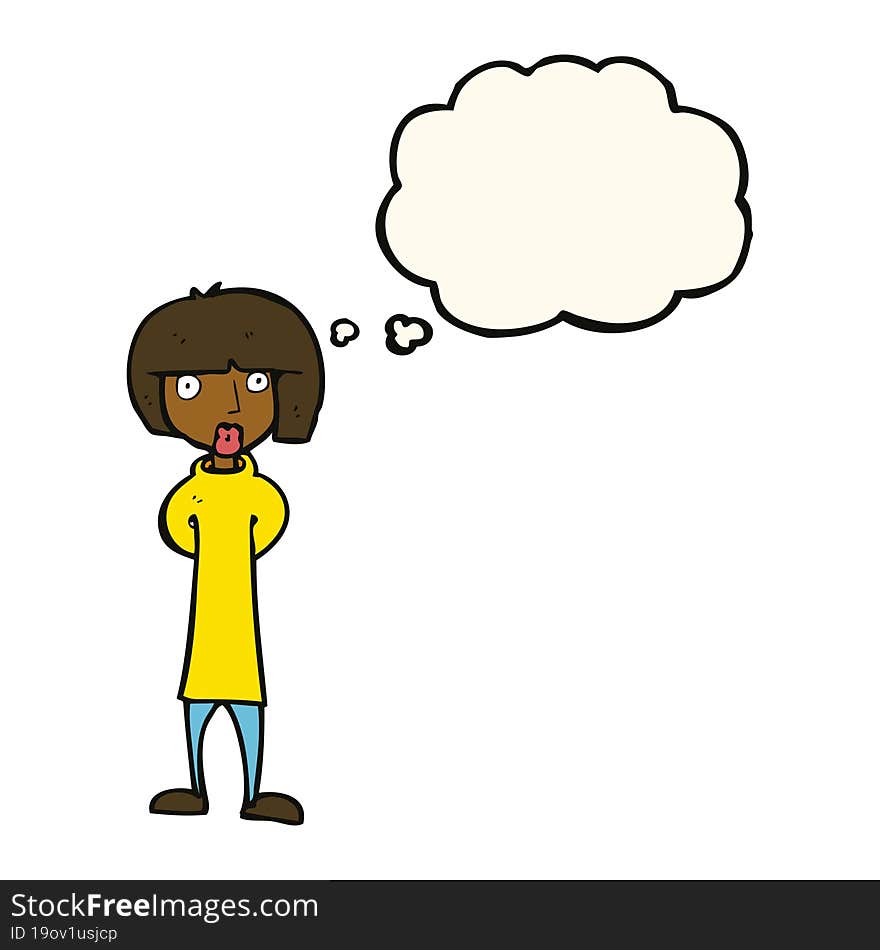 cartoon curious woman with thought bubble