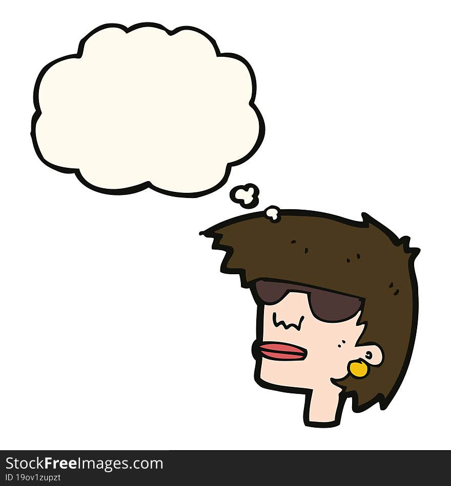 cartoon female face with glasses with thought bubble