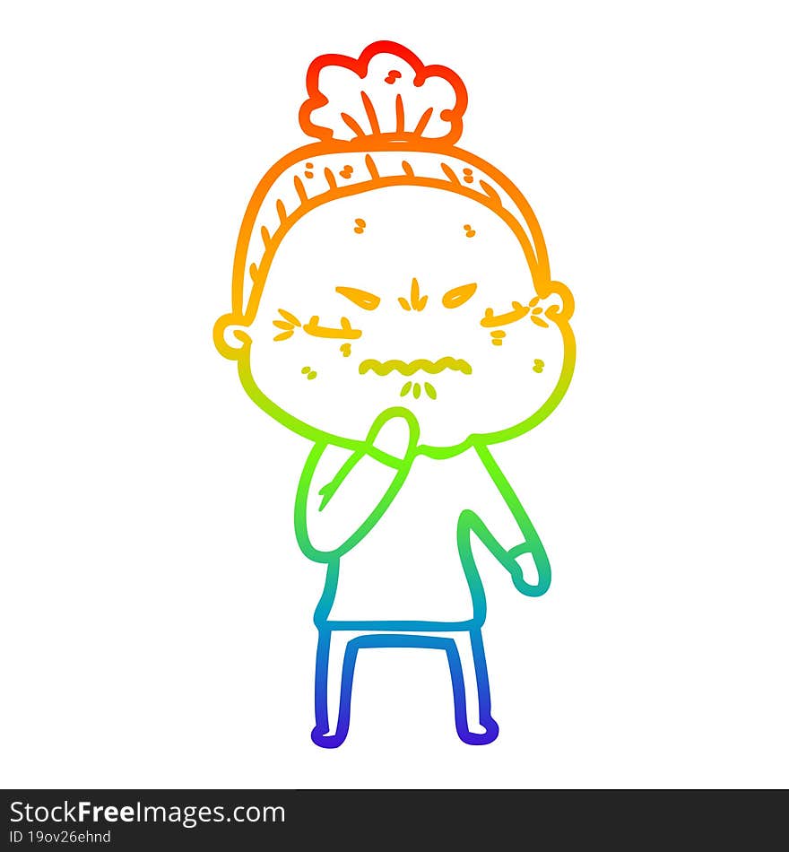 rainbow gradient line drawing of a cartoon annoyed old lady