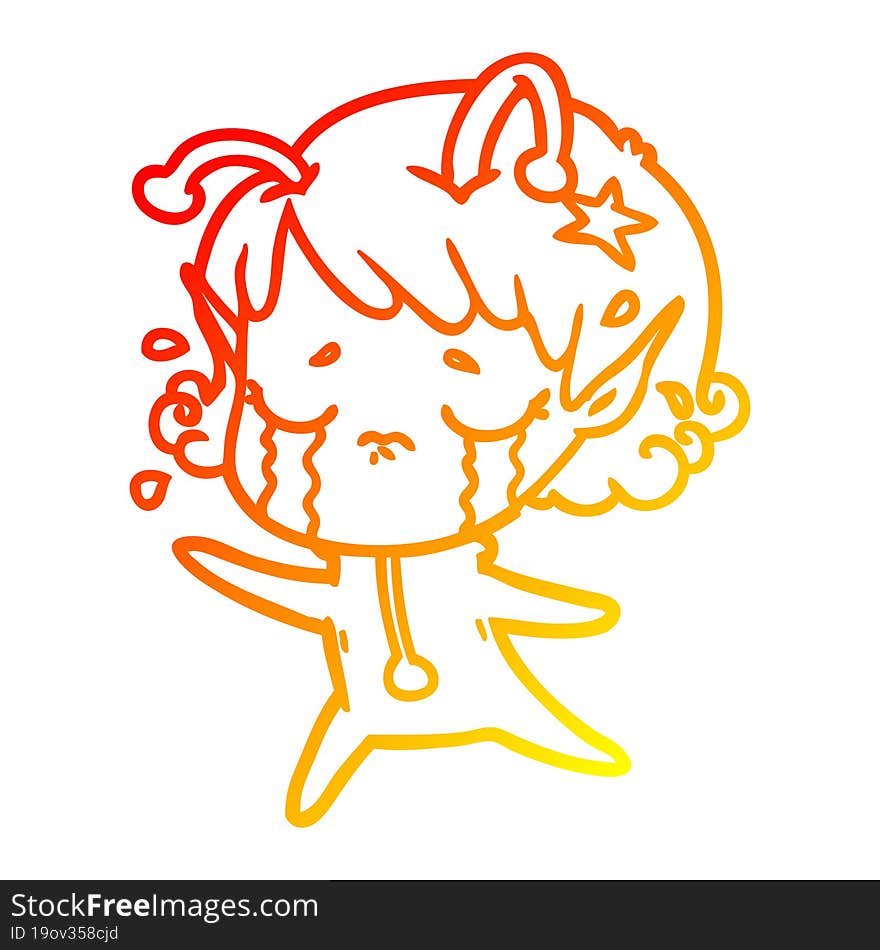 Warm Gradient Line Drawing Cartoon Crying Alien Girl