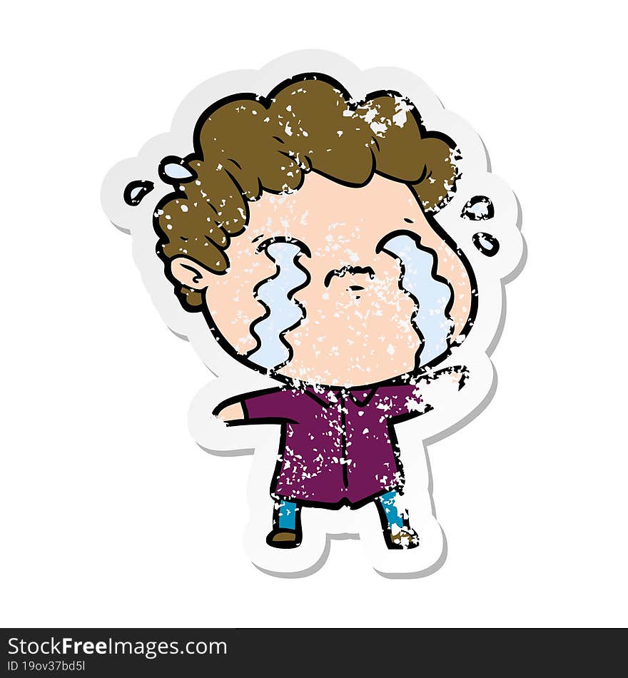 distressed sticker of a cartoon man crying