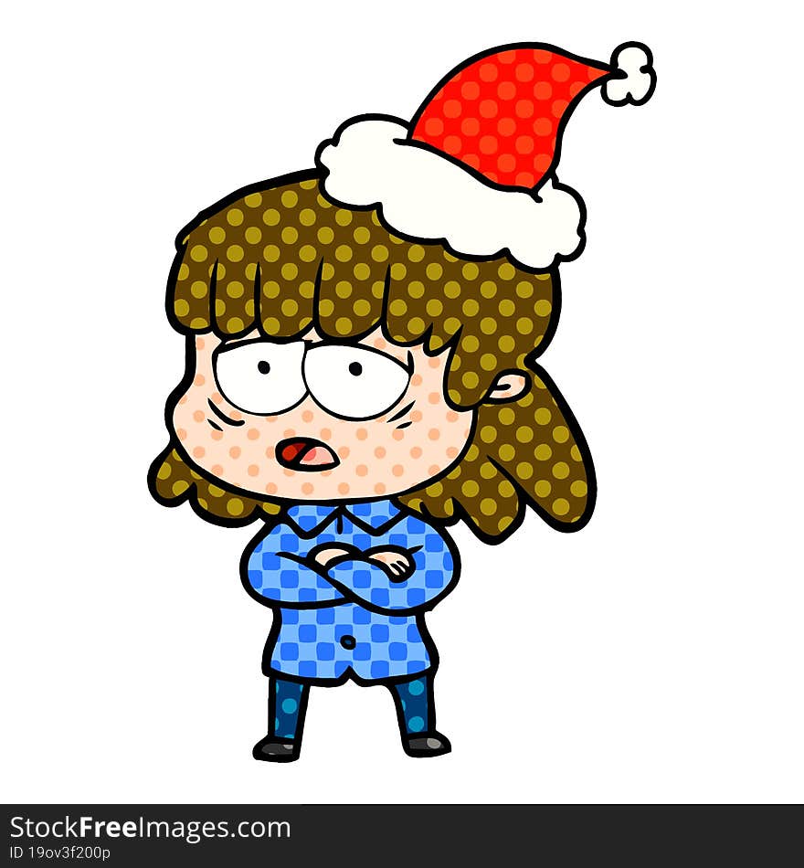 Comic Book Style Illustration Of A Tired Woman Wearing Santa Hat