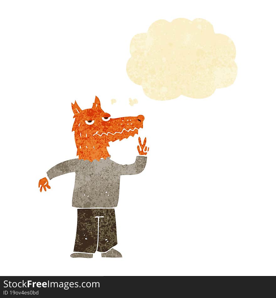 cartoon happy fox man with thought bubble