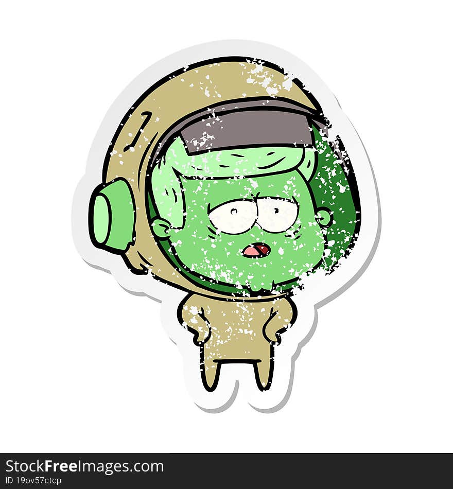 distressed sticker of a cartoon tired astronaut