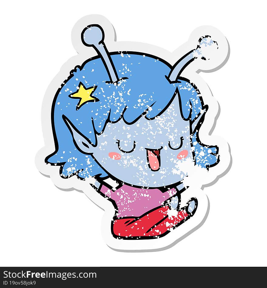 distressed sticker of a happy alien girl cartoon laughing