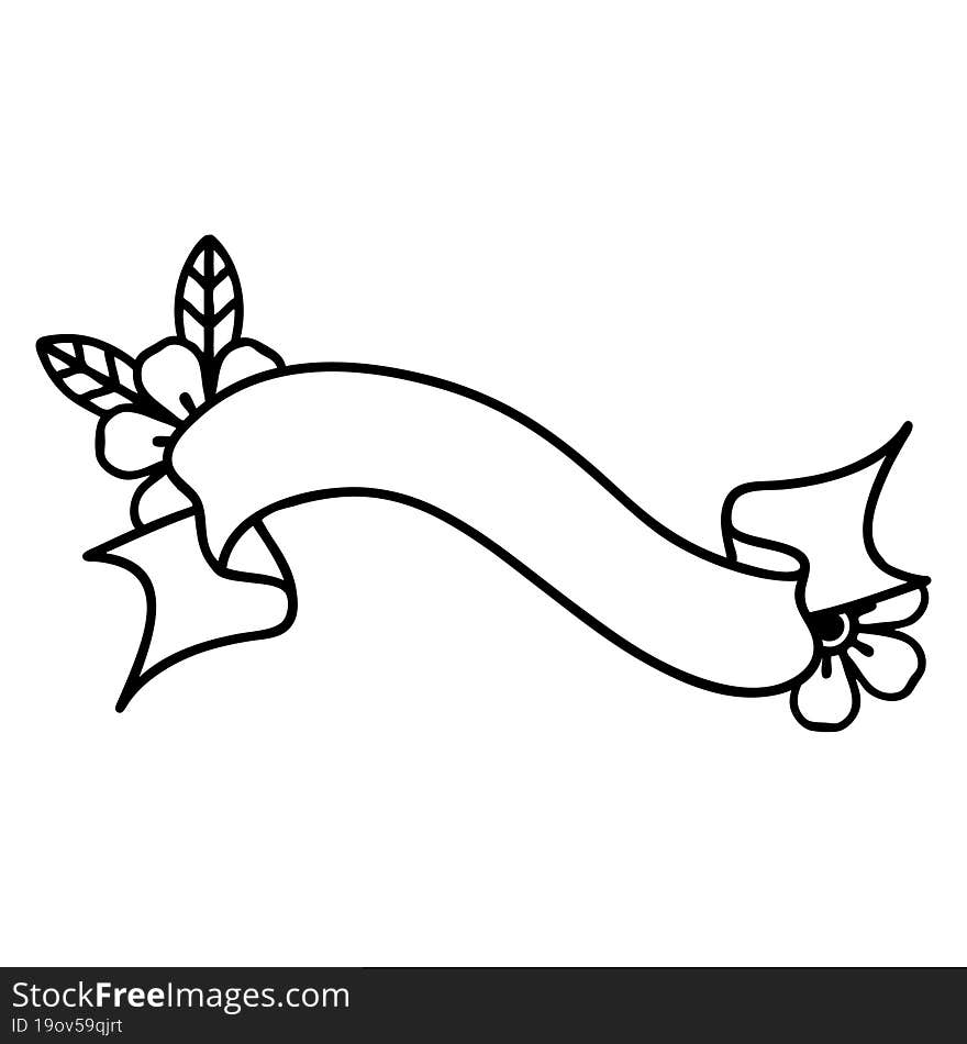 Black Line Tattoo Of A Banner And Flowers