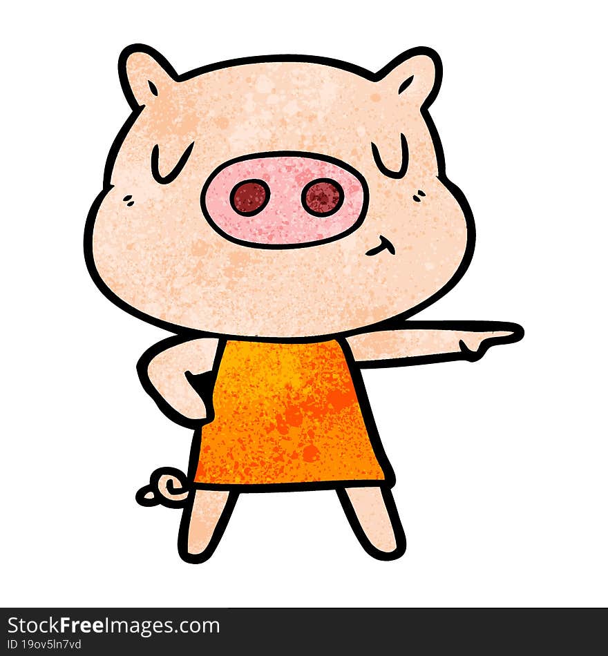 cartoon content pig in dress pointing. cartoon content pig in dress pointing