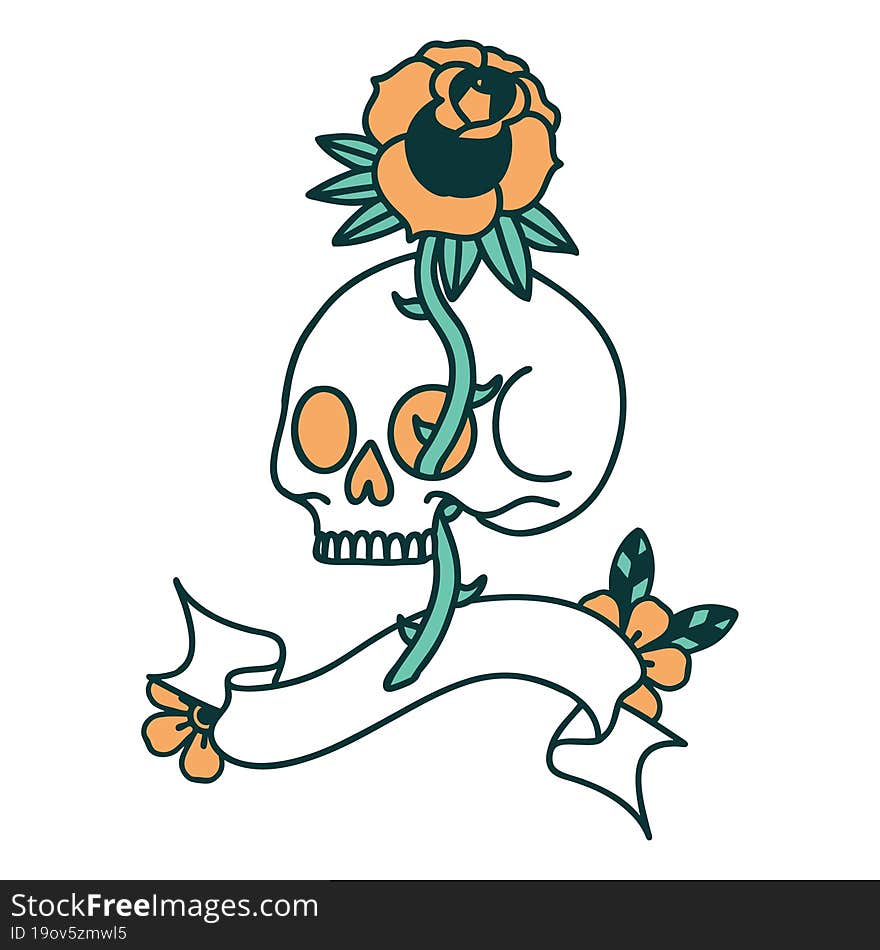 traditional tattoo with banner of a skull and rose