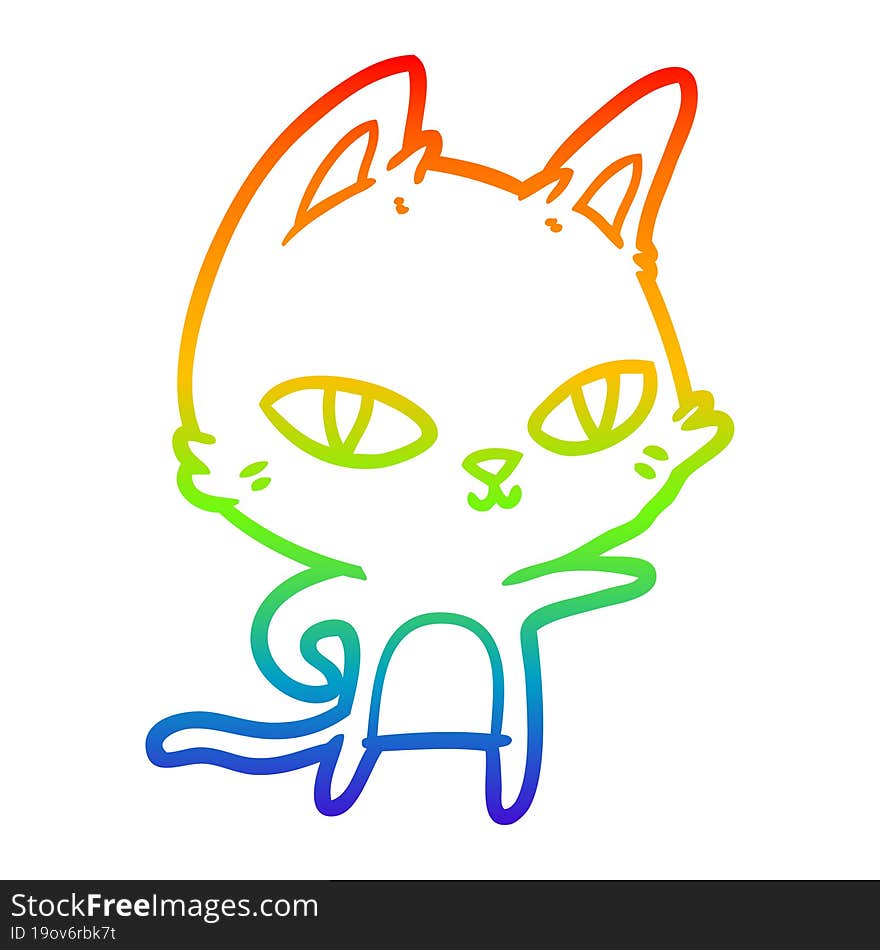 rainbow gradient line drawing of a cartoon cat staring