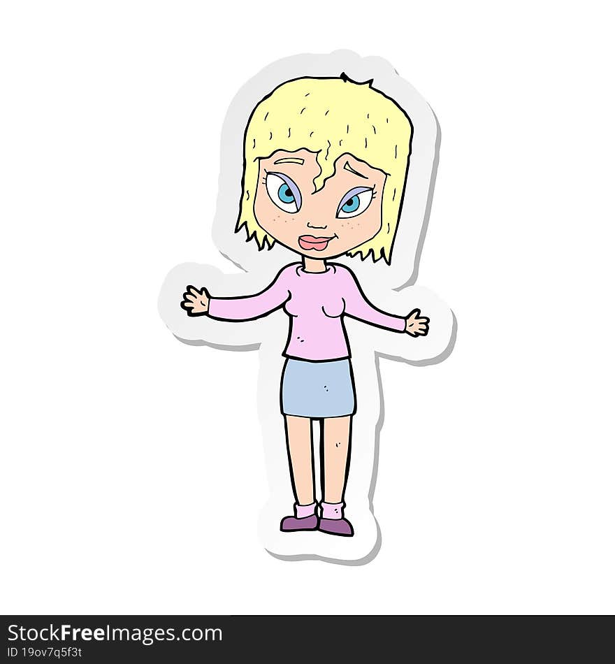 sticker of a cartoon woman shrugging shoulders