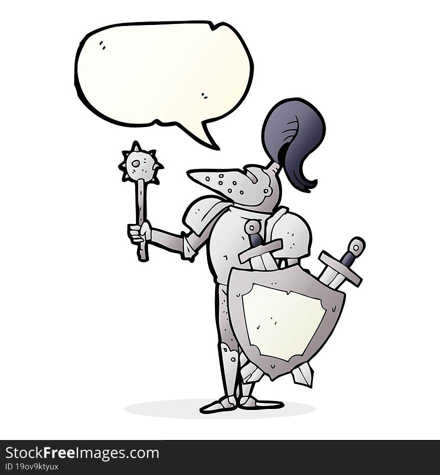 freehand drawn speech bubble cartoon medieval knight with shield