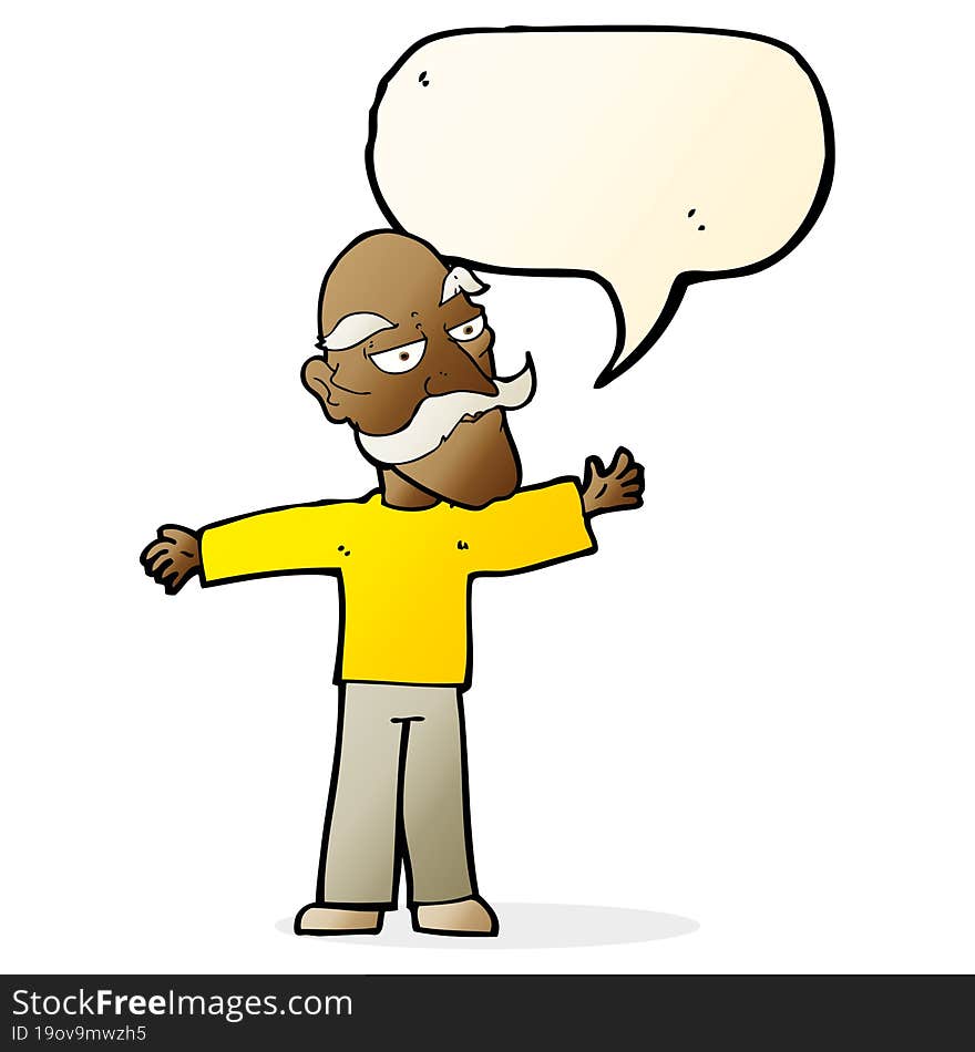 cartoon old man spreading arms wide with speech bubble