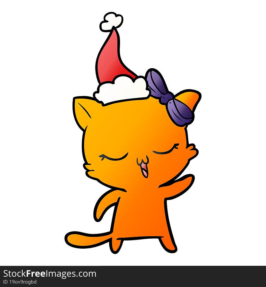 gradient cartoon of a cat with bow on head wearing santa hat