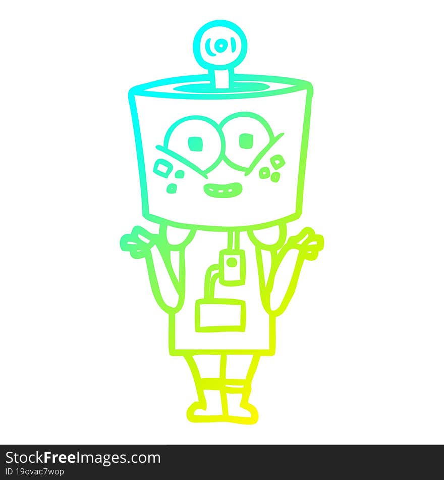 cold gradient line drawing of a happy cartoon robot shrugging shoulders