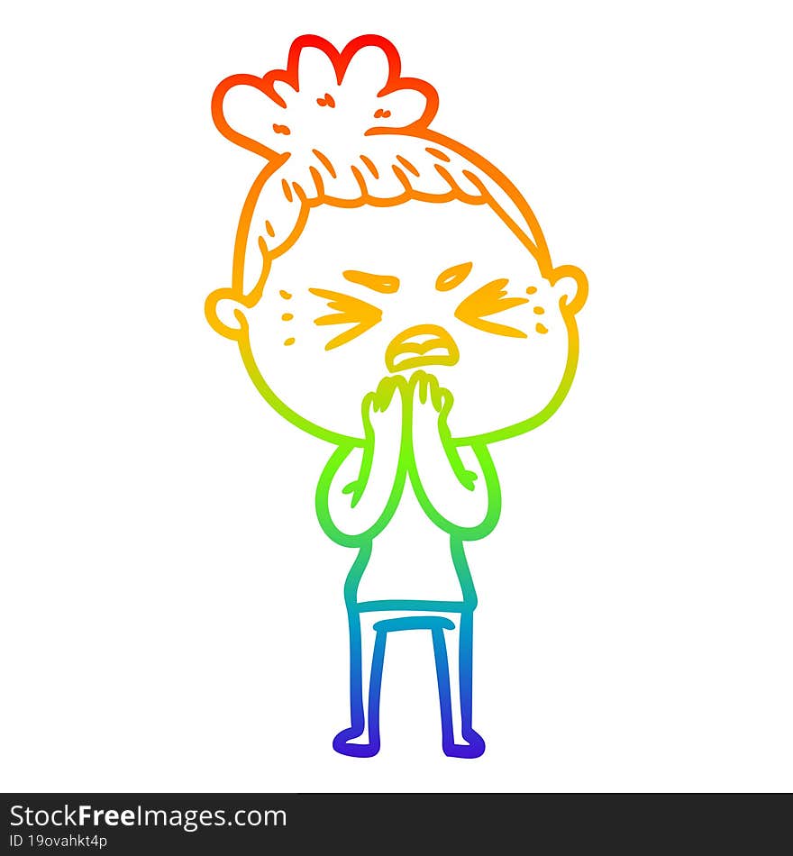 rainbow gradient line drawing of a cartoon angry woman