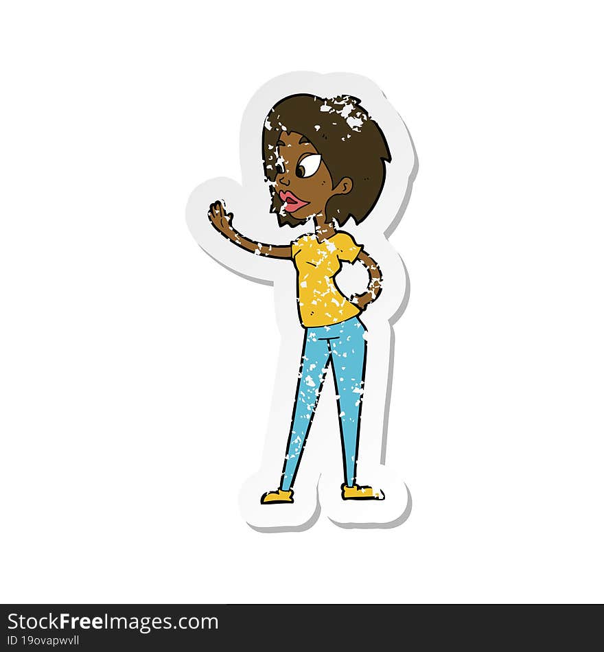 retro distressed sticker of a cartoon woman waving