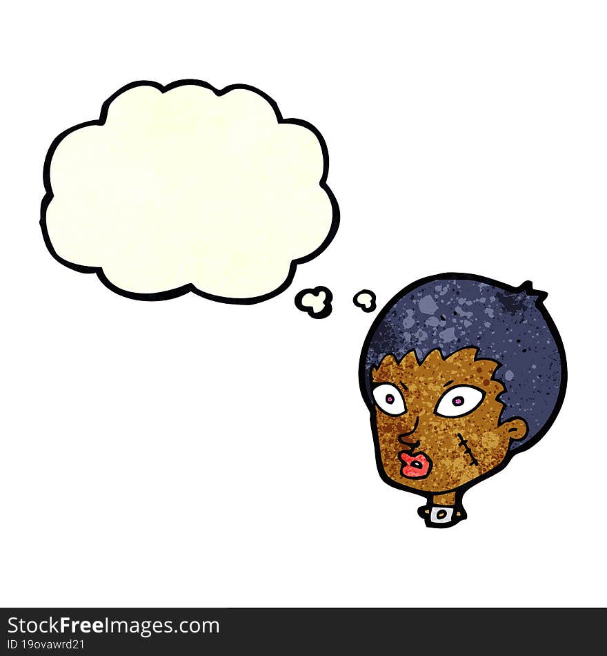 cartoon female zombie head with thought bubble