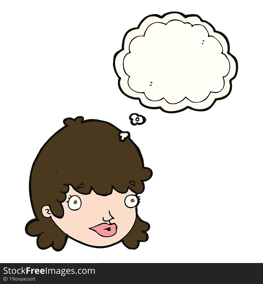 cartoon female face with surprised expression with thought bubble