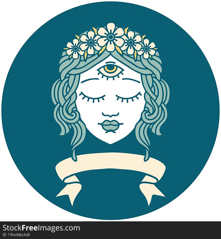 tattoo style icon with banner of female face with third eye and crown of flowers