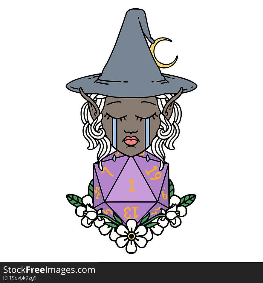 crying elf witch with natural one D20 roll illustration