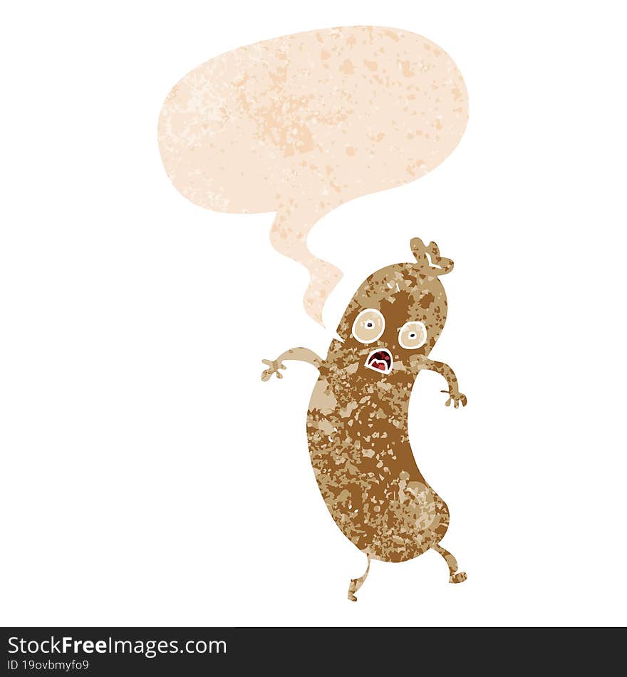 cartoon sausage and speech bubble in retro textured style