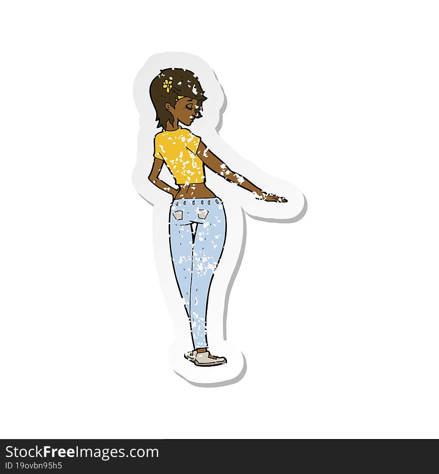 retro distressed sticker of a cartoon pretty girl in jeans and tee