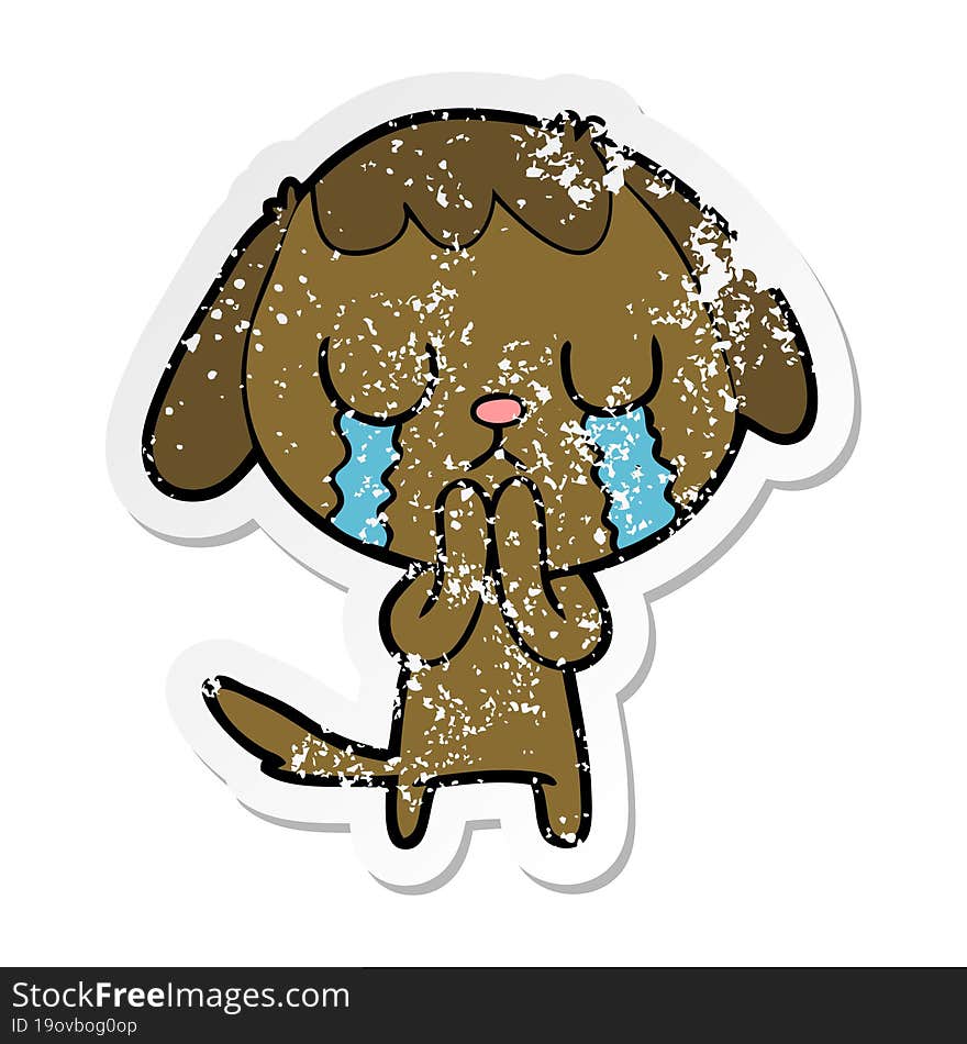 distressed sticker of a cute cartoon dog crying