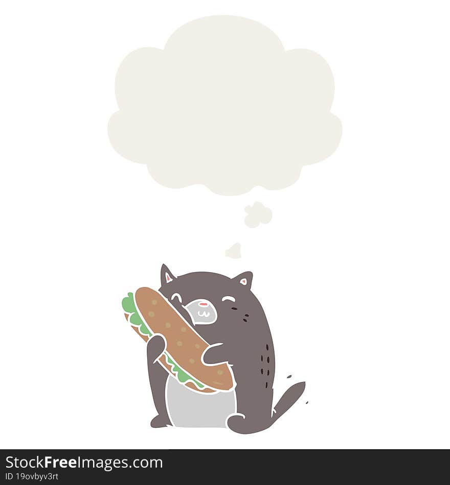 cartoon cat with sandwich and thought bubble in retro style