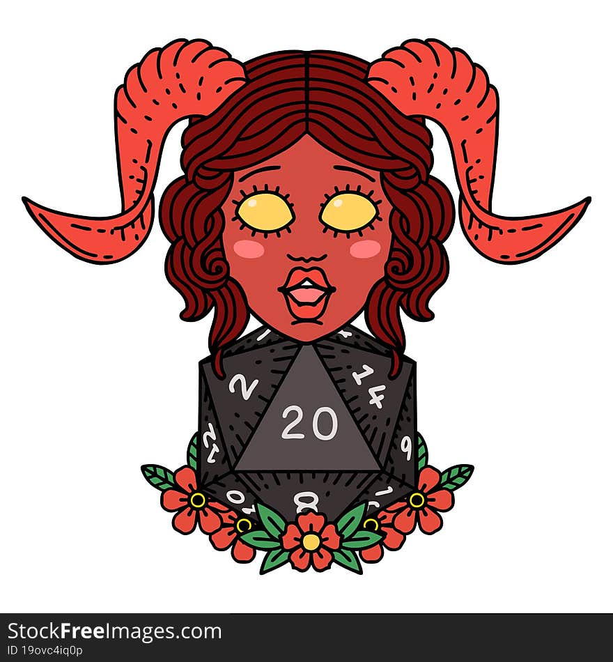 Retro Tattoo Style tiefling with natural twenty dice roll. Retro Tattoo Style tiefling with natural twenty dice roll