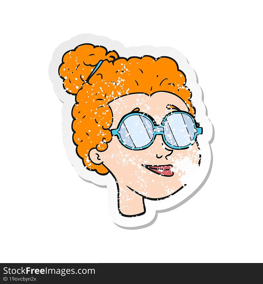 retro distressed sticker of a cartoon woman wearing spectacles