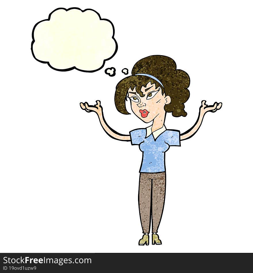 cartoon woman raising hands in air with thought bubble