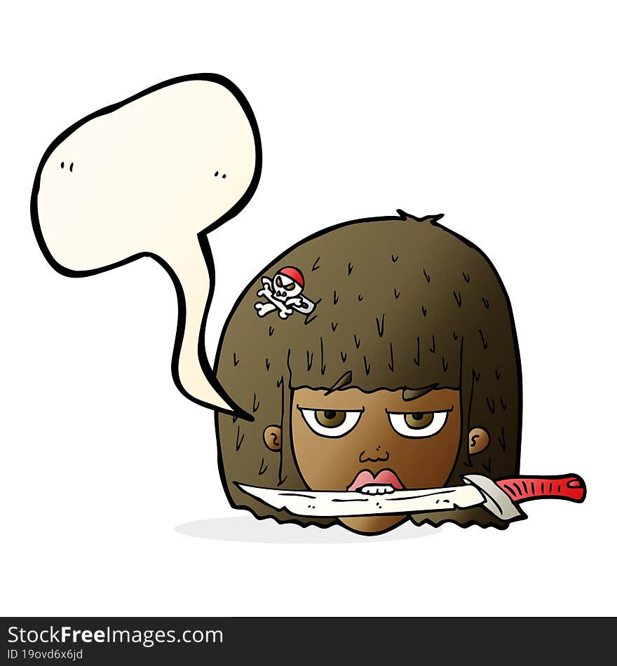 Cartoon Woman Holding Knife Between Teeth With Speech Bubble