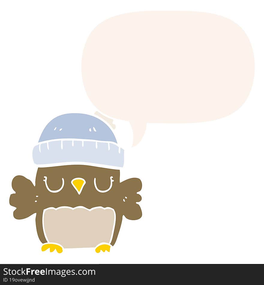 cute cartoon owl in hat and speech bubble in retro style