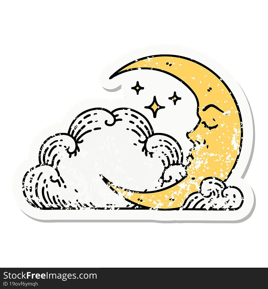 traditional distressed sticker tattoo of a crescent moon and clouds