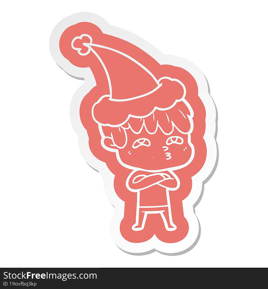 cartoon  sticker of a curious man wearing santa hat