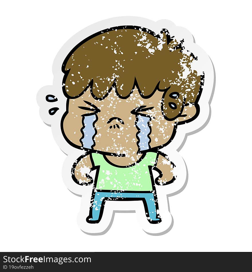 distressed sticker of a cartoon boy crying