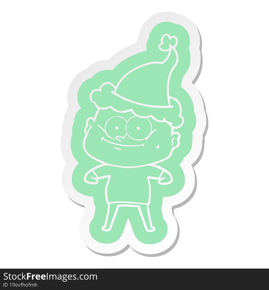 cartoon  sticker of a bald man staring wearing santa hat