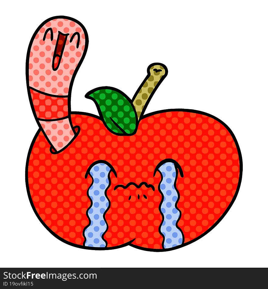 cartoon worm eating an apple. cartoon worm eating an apple