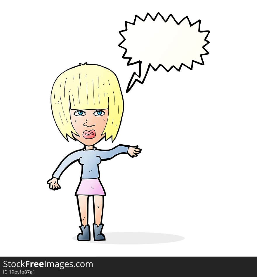 cartoon woman waving away with speech bubble