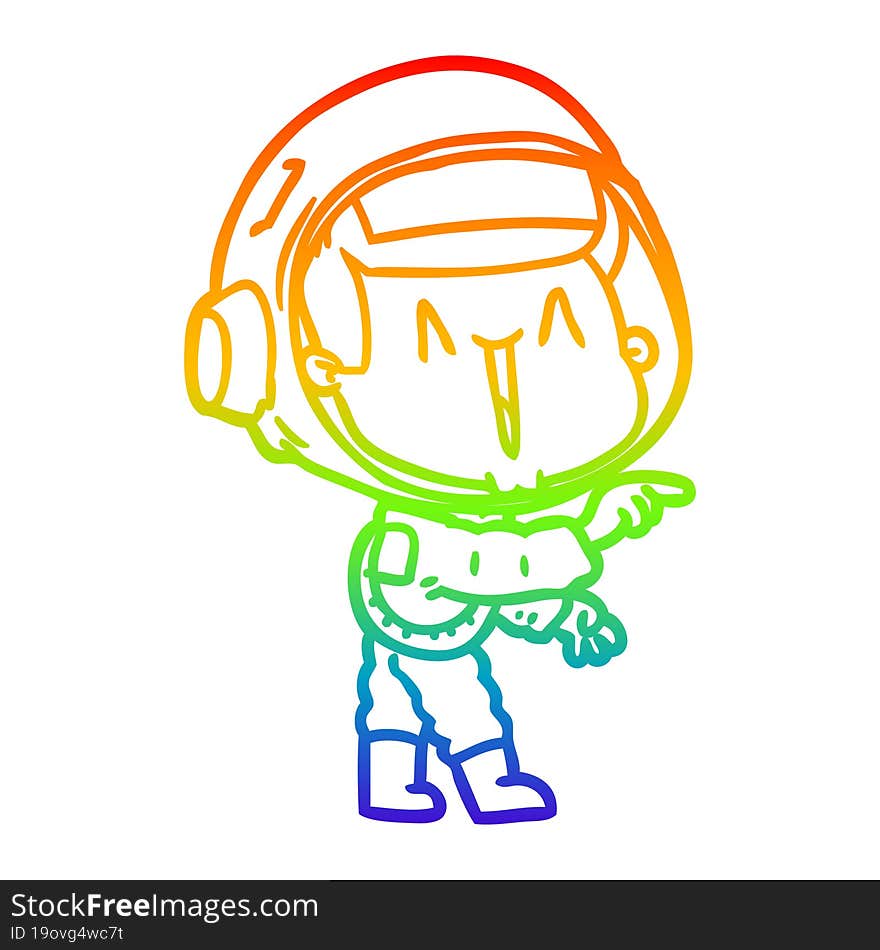 rainbow gradient line drawing of a happy cartoon astronaut pointing