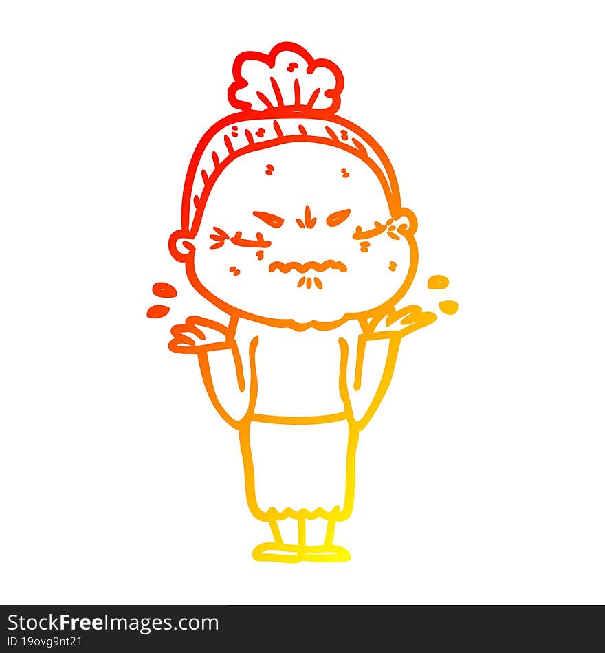 warm gradient line drawing of a cartoon annoyed old lady