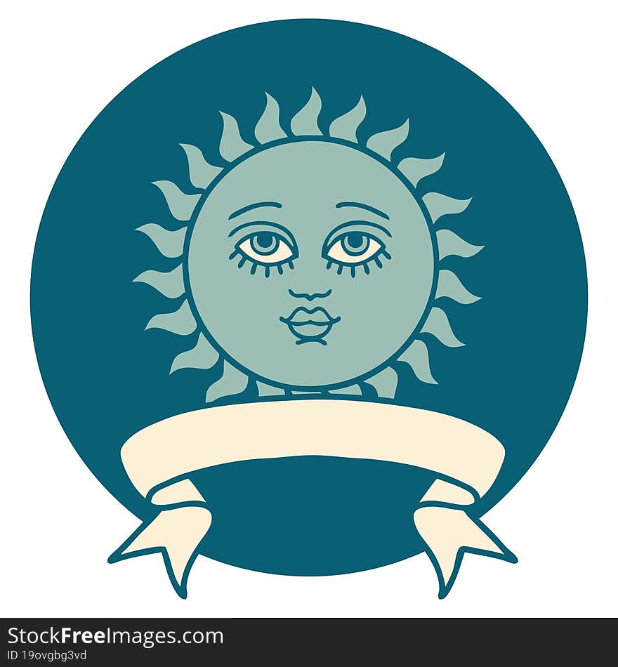 tattoo style icon with banner of a sun with face