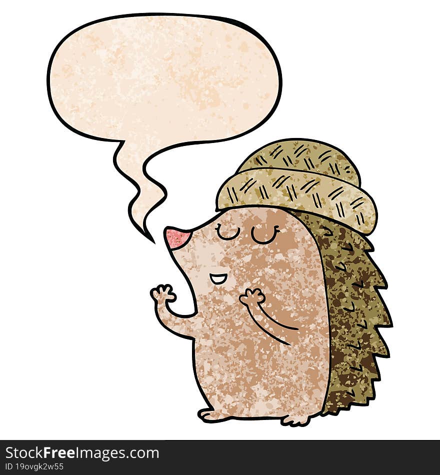 Cartoon Hedgehog Wearing Hat And Speech Bubble In Retro Texture Style