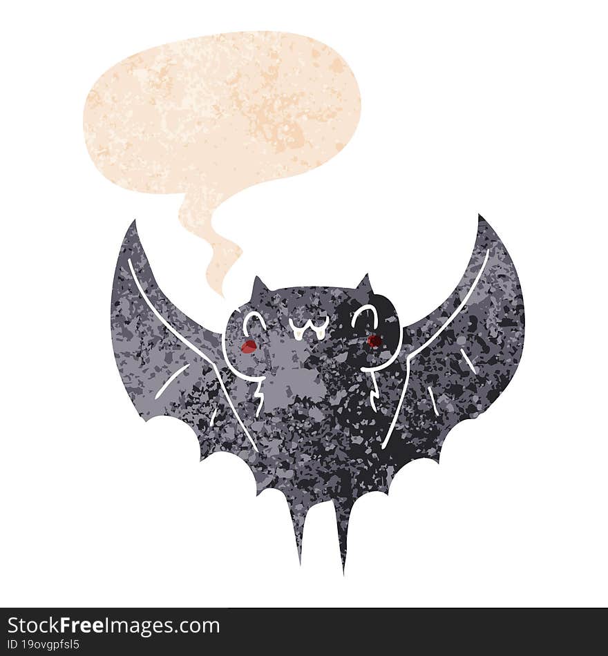 cartoon bat and speech bubble in retro textured style