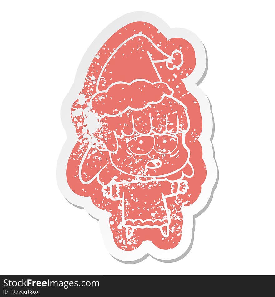 cartoon distressed sticker of a tired woman wearing santa hat