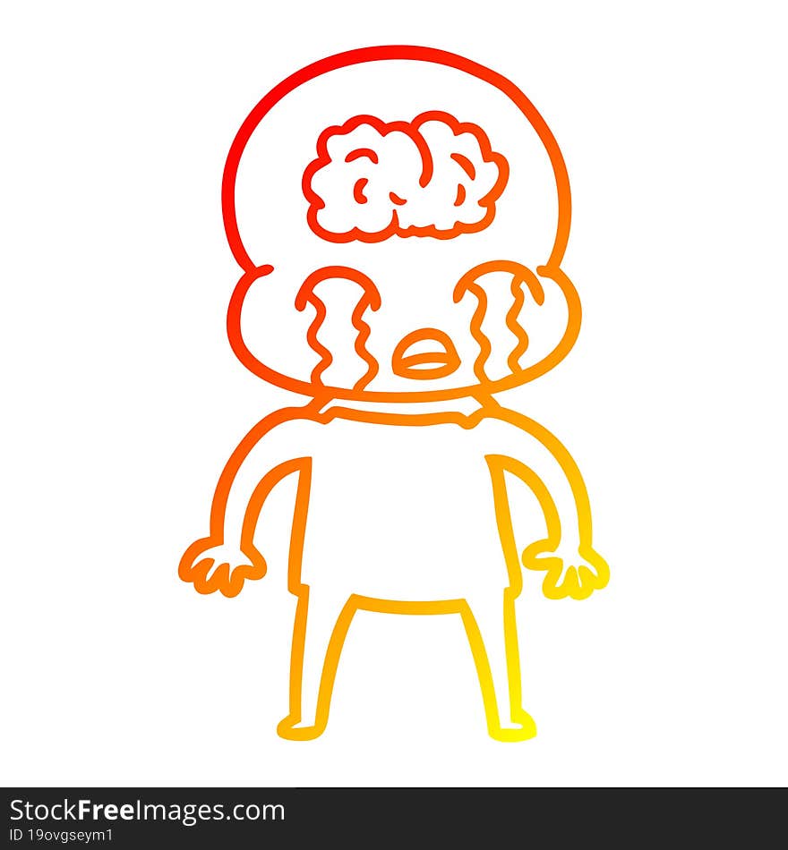 warm gradient line drawing of a cartoon big brain alien crying