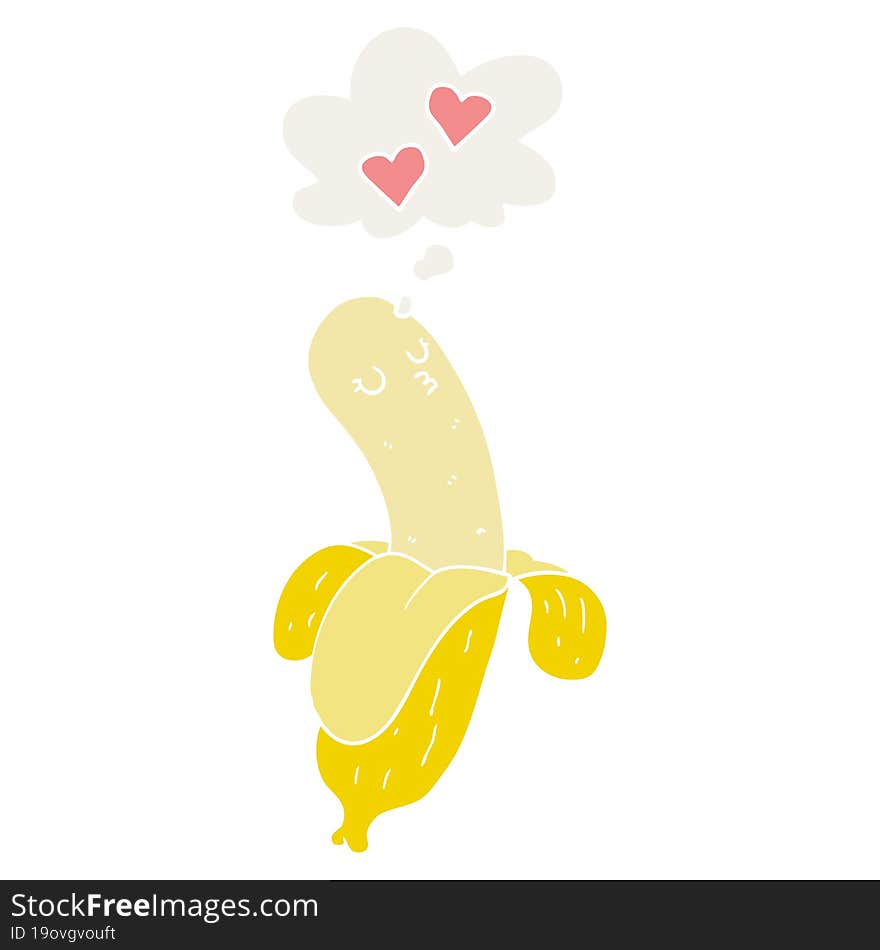 cartoon banana in love and thought bubble in retro style