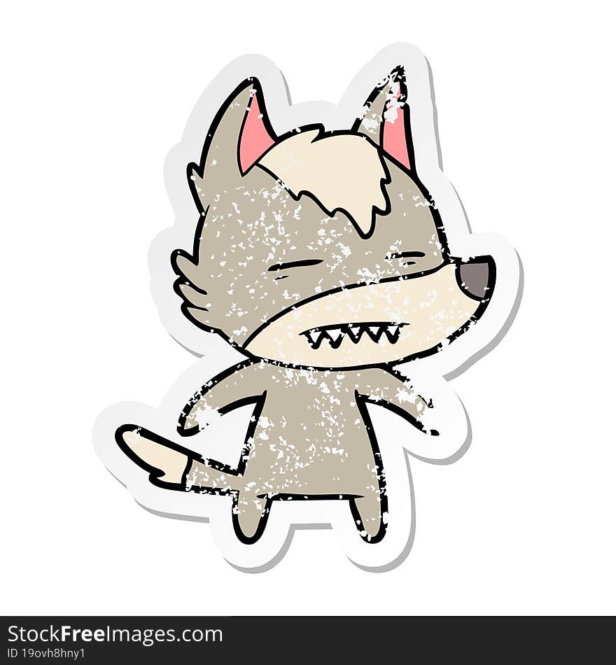 Distressed Sticker Of A Cartoon Wolf Showing Teeth